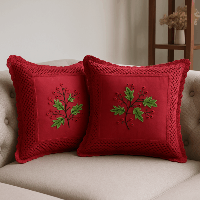 16c12(1) Red Berry Bloom Crochet Cushion Cover (16*16 inches) - Image 1