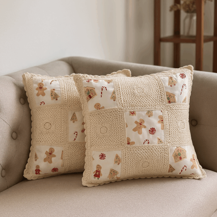 16c6(1) Handcrafted Gingerbread Joy Crochet Cushion Cover (16×16 inches) - Image 1