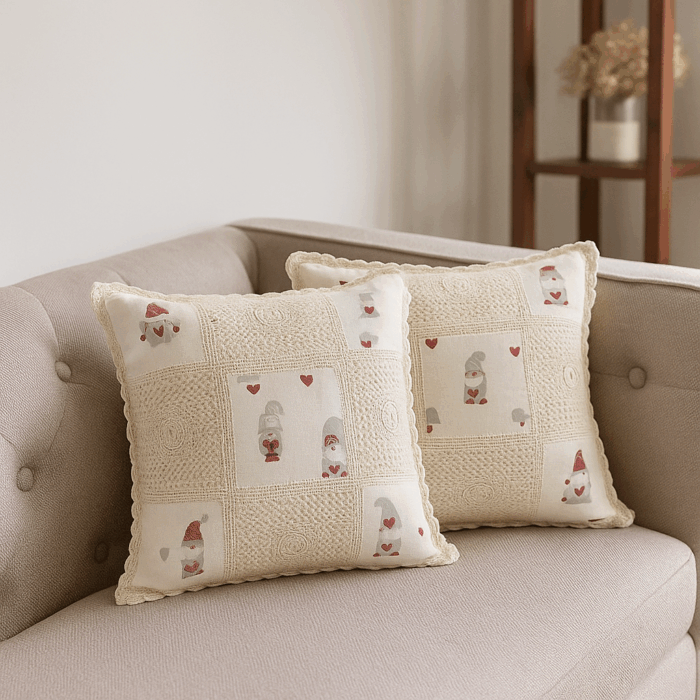 16c8(1) Handcrafted Gnome Love Crochet Cushion Cover (16*16 inches) - Image 1