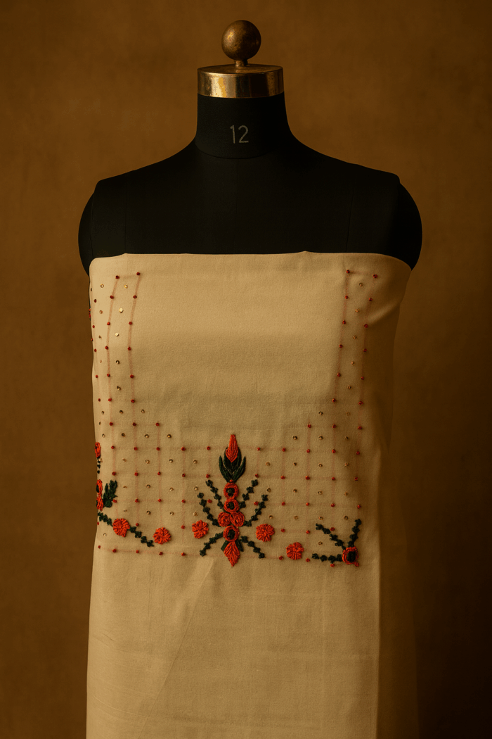 Off-white – 3-Piece Handloom Cotton Unstitched Salwar Set - Image 2