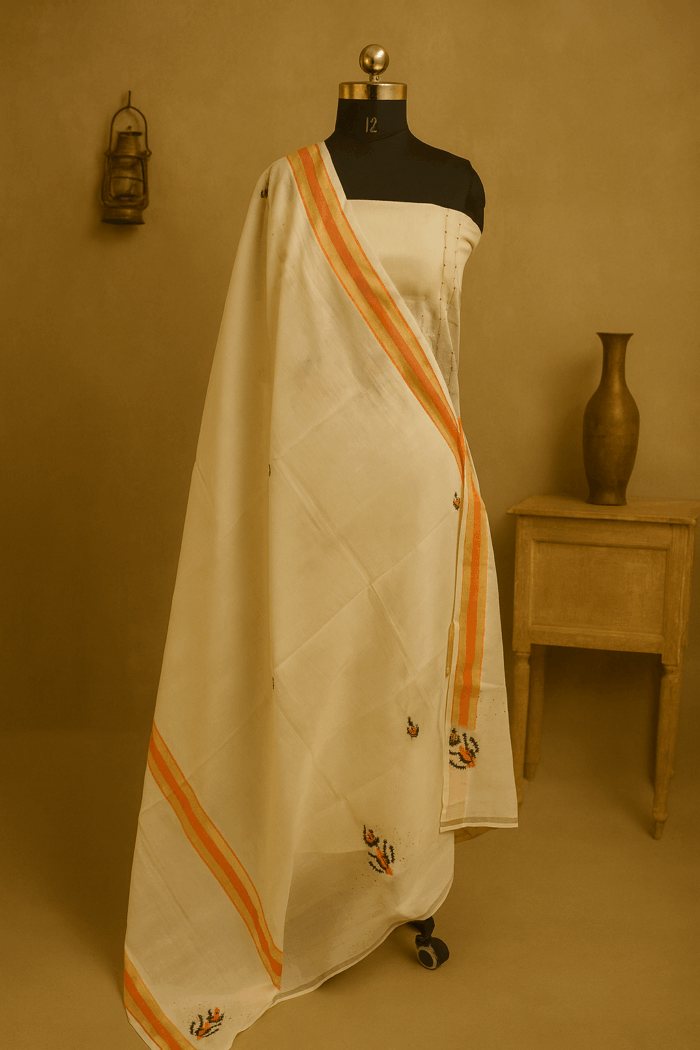 Off-white – 3-Piece Handloom Cotton Unstitched Salwar Set - Image 5