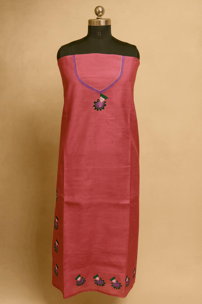 Pink – 2-Piece Bamboo Tussar Silk Unstitched Salwar Set - Image 3