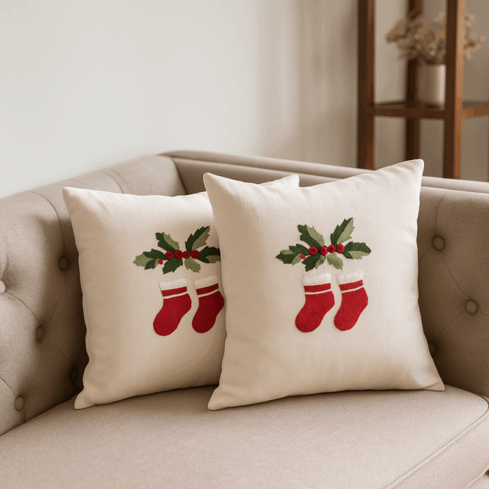 948165c9-d32d-4361-a4ca-a91d993b07c5 Festive Holly Stockings Embroidery Cushion Cover (16*16 inches) - Image 1