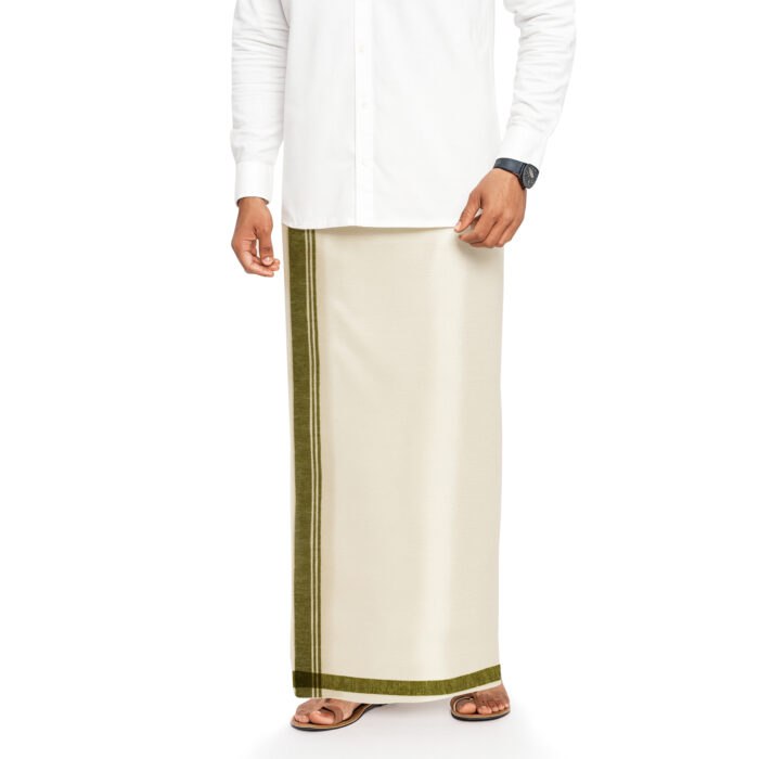 Dhoti_9 copy Bengal Khadi Muslin Olive green border Dhoti (8) - Image 1