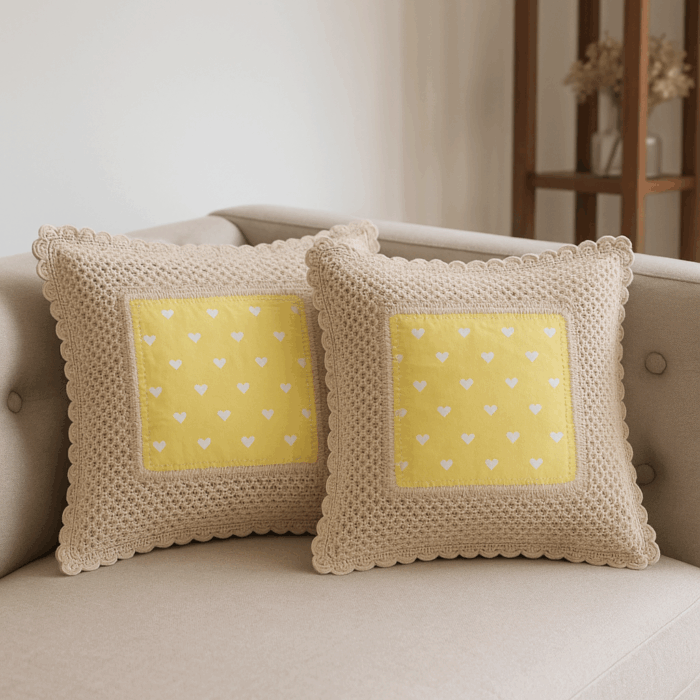 cc11(1) Handcrafted Sunny Heart Crochet Cushion Cover (18×18 inches) - Image 1