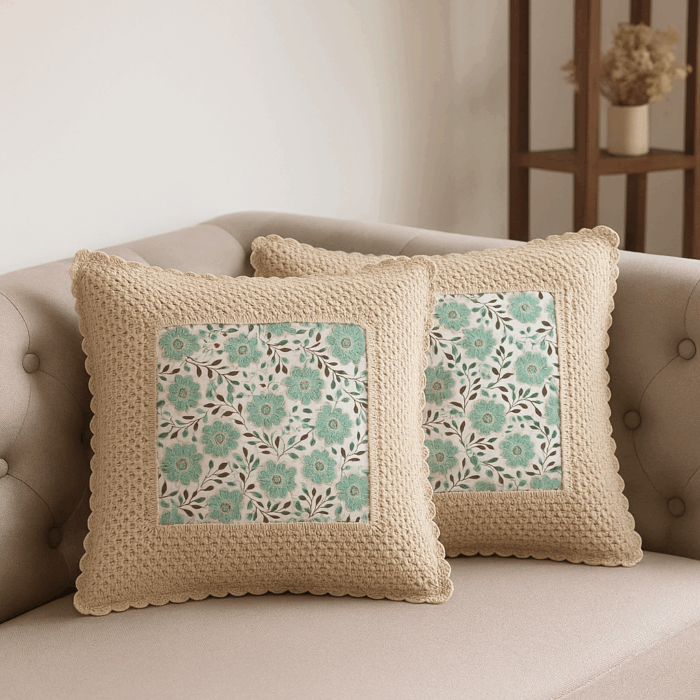 cc2(1) Handcrafted Mint Blossom Crochet Cushion Cover (18×18 inches) - Image 1
