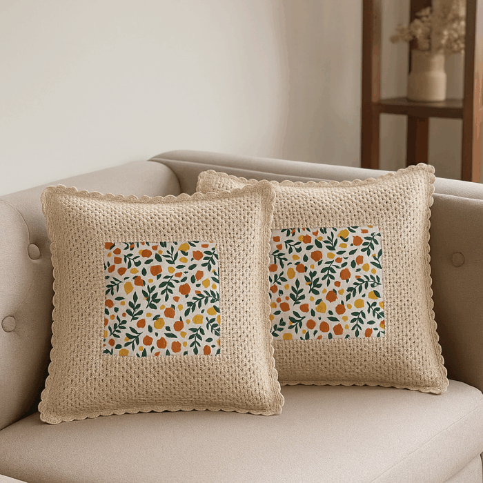 cc3(1) Handcrafted Yellow Floral Crochet Cushion Cover (18×18 inches) - Image 1