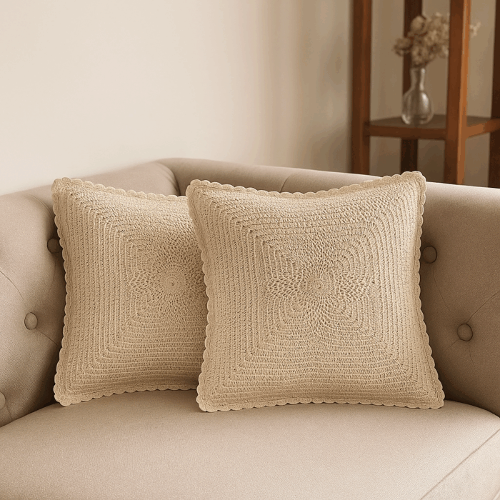 cc4(1) Handcrafted Classic Beige Crochet Cushion Cover (18×18 inches) - Image 1