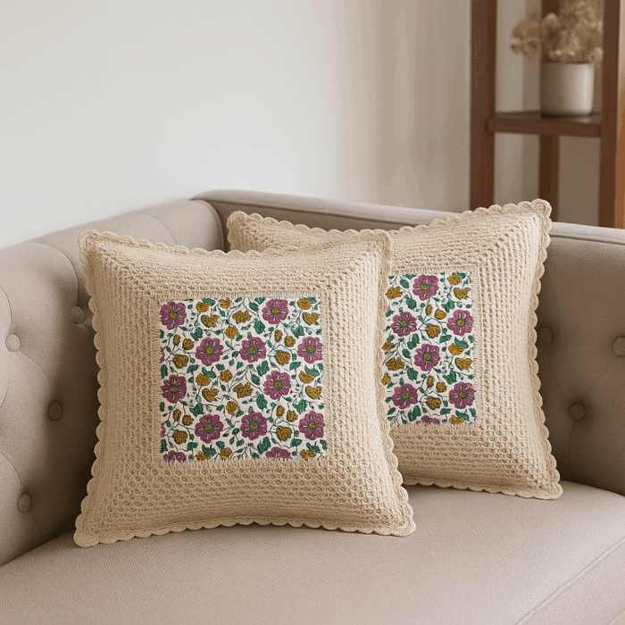 cc5(1) Handcrafted Yellow Floral Crochet Cushion Cover (18×18 inches) - Image 1