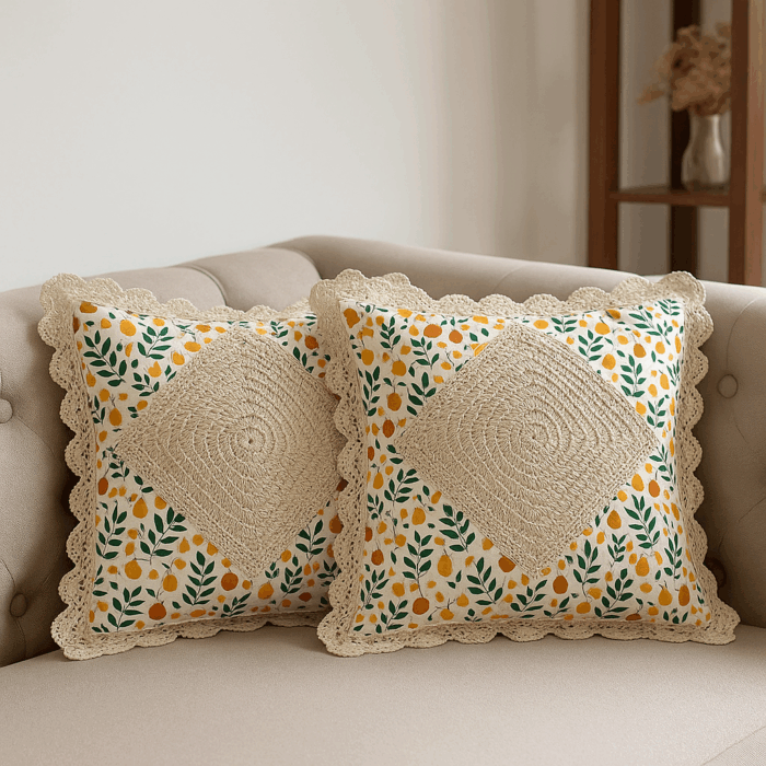cc7(1) Handcrafted Citrus Charm Crochet Cushion Cover (18×18 inches) - Image 1