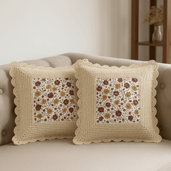 cc8(1) Handcrafted Autumn Bloom Crochet Cushion Cover (18×18 inches) - Image 1