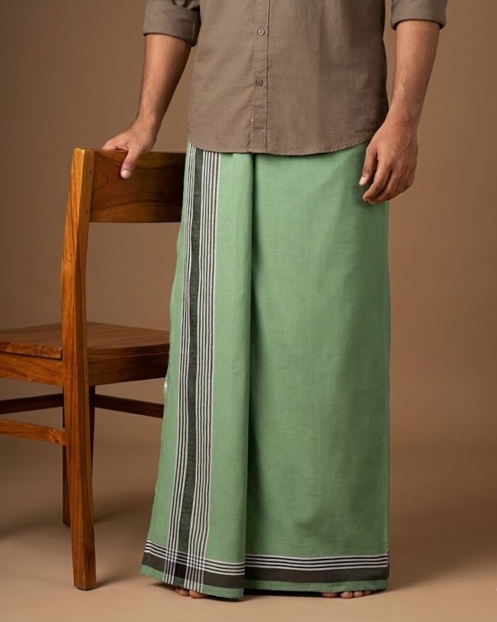 lungi 30 Kerala Handloom Green Lungi with White and Black Stripe (180 x 130 cm) - Image 1