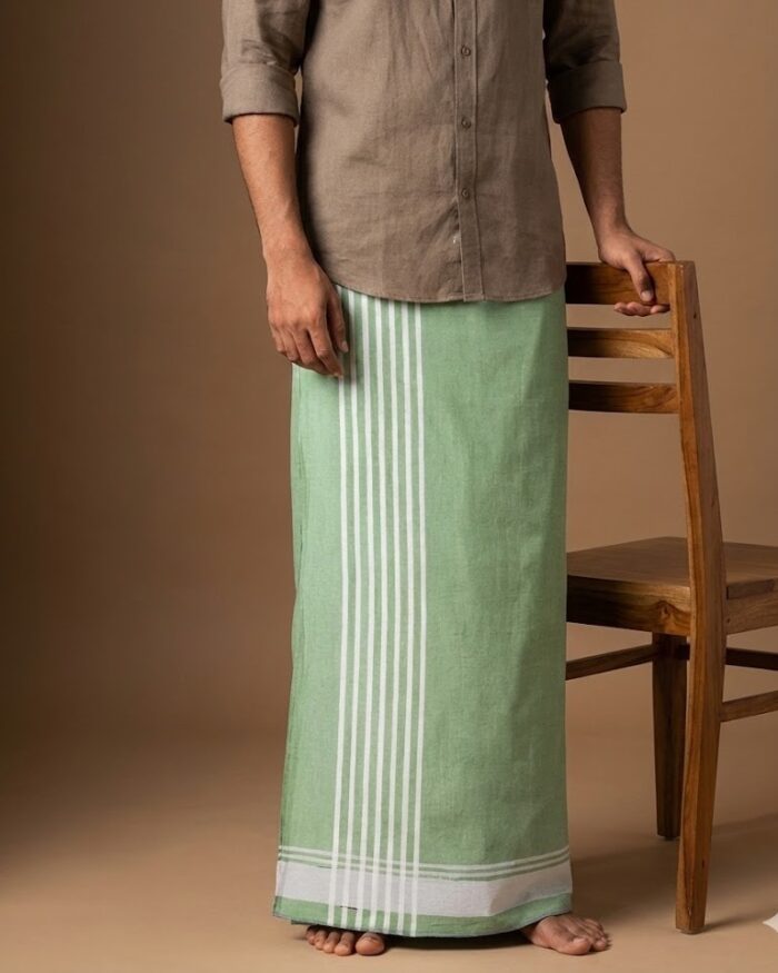 lungi 32 Kerala Handloom Green Lungi with white Stripe (180 x 130 cm) - Image 1