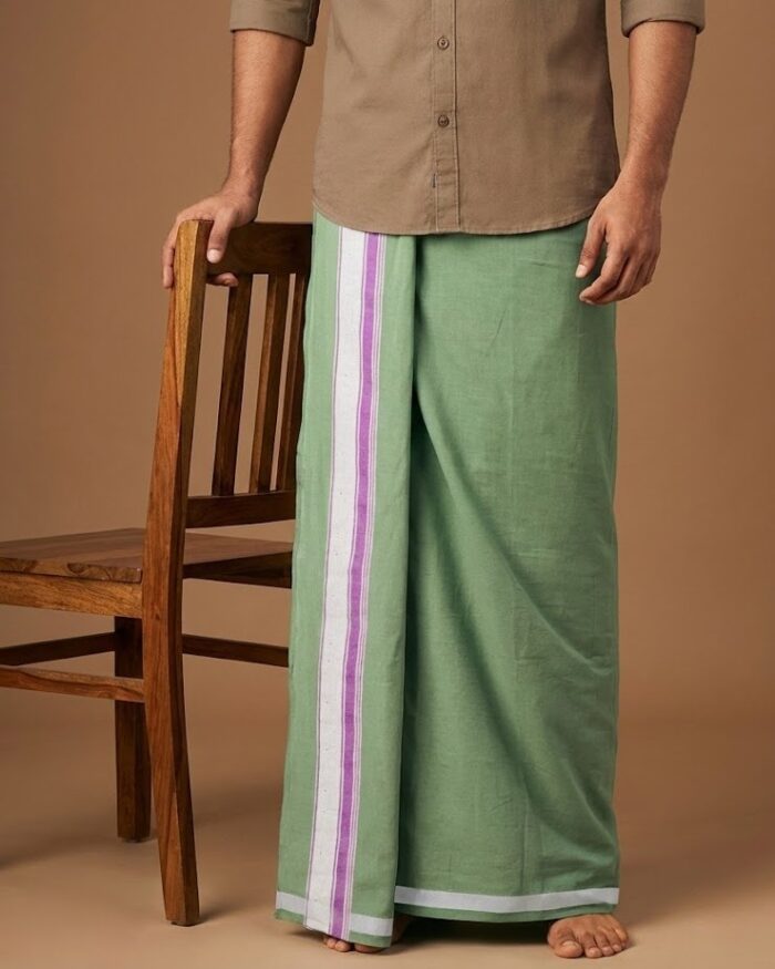 lungi 33 Kerala Handloom Green Lungi with white Stripe (180 x 130 cm) - Image 1