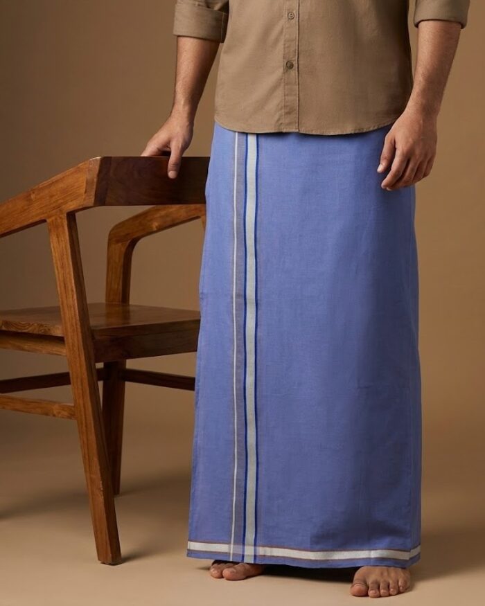 lungi 37 Kerala Handloom Vioet Lungi with Blue Stripe (180 x 130 cm) - Image 1