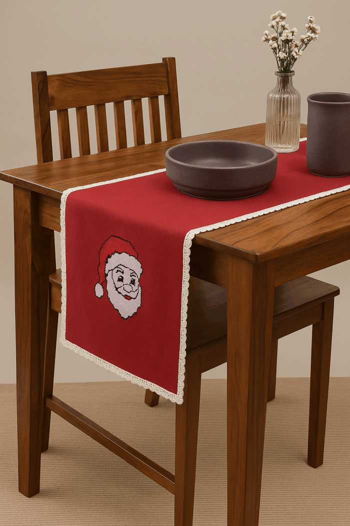 run5(1) Handcrafted Jolly Santa Cross Stitched Embroidery Runner (80 x 14 inches) - Image 1