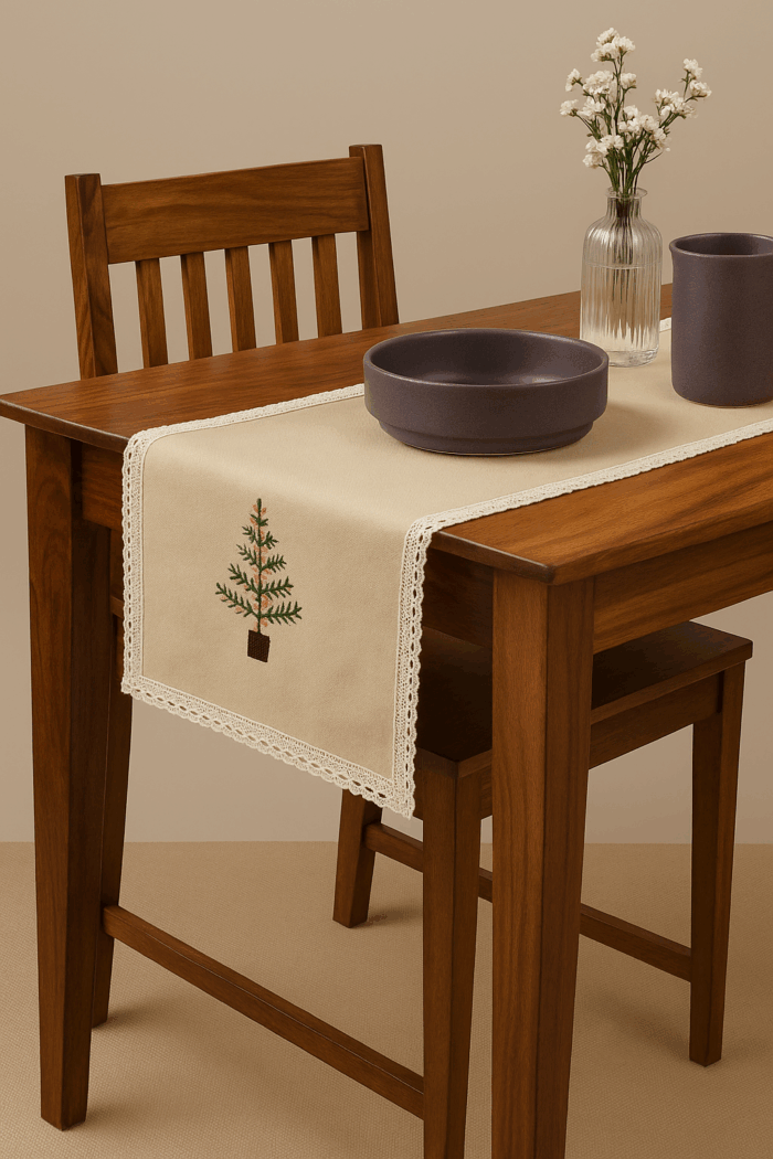 Handcrafted Festive Pine Cross stitched embroidery Runner (80 x 14 inches) - Image 1