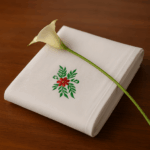 2 Luxury White Towels with Festive Green Leaf & Red Flower Embroidery (120 x 70 cm)