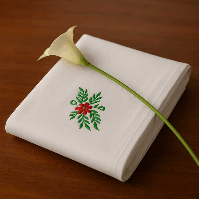 tw11(1) 2 Luxury White Towels with Festive Green Leaf & Red Flower Embroidery (120 x 70 cm) - Image 1