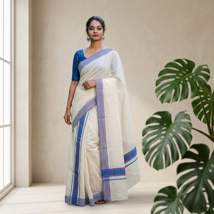 36b3cdb0-c2c5-4549-8de8-1b8c0207857d-1766030098 Kerala Handloom Set Mundu with Blue Kasavu Borders - Image 1