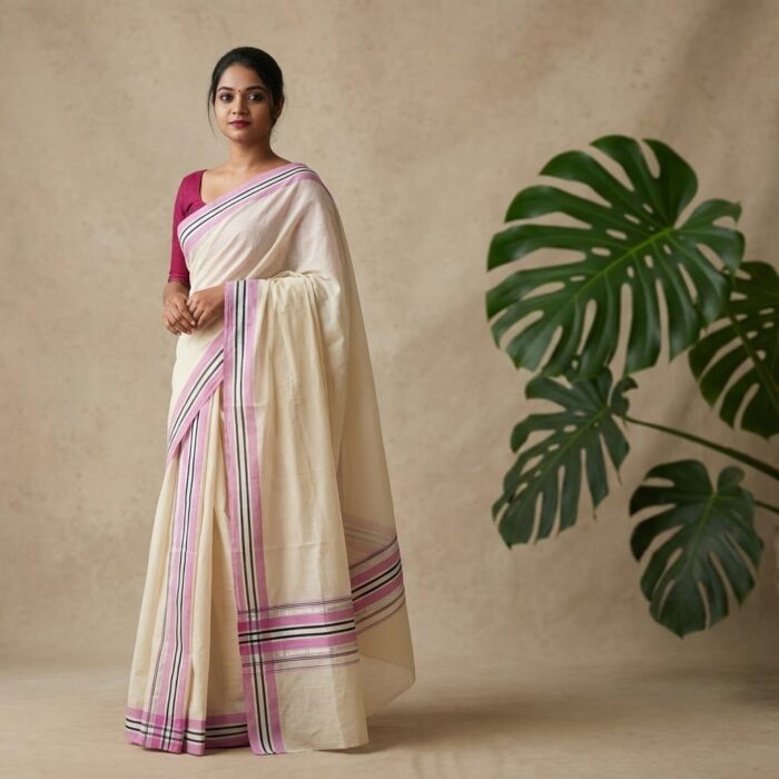 b8e5c926-d85d-4009-a54f-f8e05e71b153-1766030008 Kerala Handloom Set Mundu with Pink Kasavu Borders - Image 1