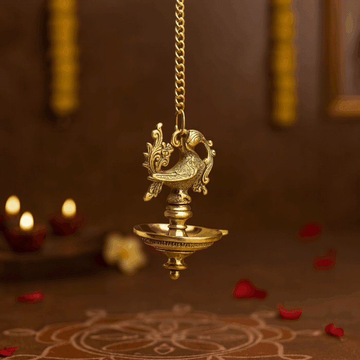 hanging lamp7(1) Peacock Motif Brass Oil Lamp - Image 1