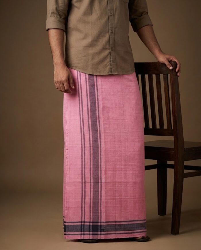 lungi 10(1) Kerala Handloom Pink Lungi with Black Stripe - Image 1