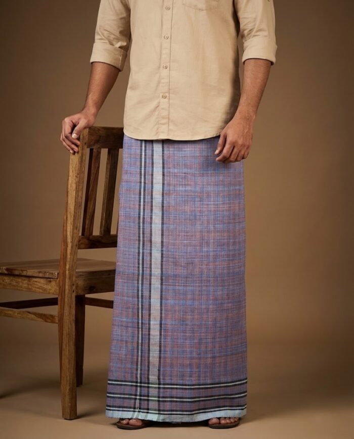 lungi 11(1) Kerala Handloom Violet Lungi with Black Stripe - Image 1
