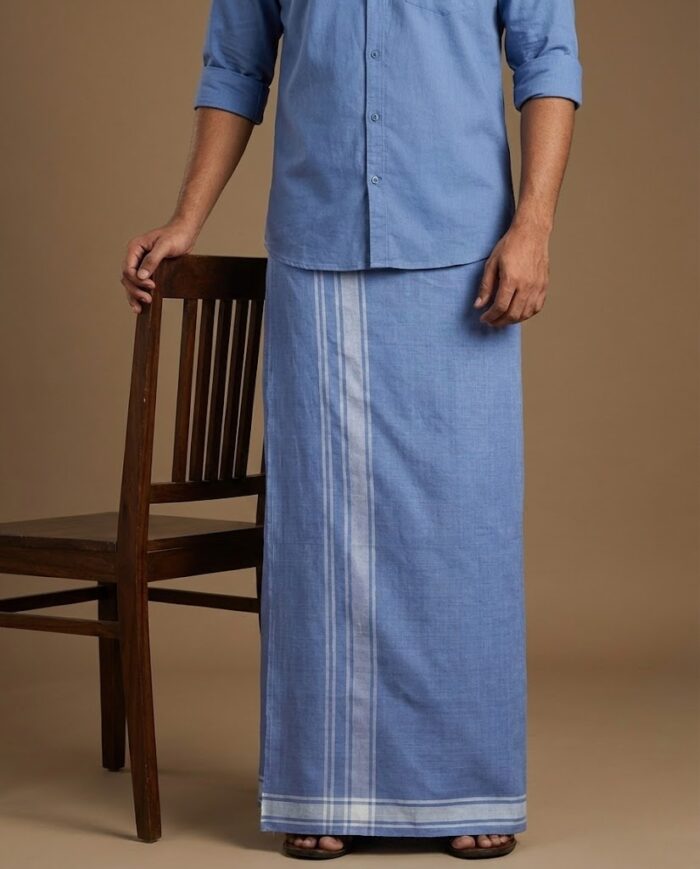 lungi 12(1) Kerala Handloom Skyblue Lungi with White Stripe - Image 1