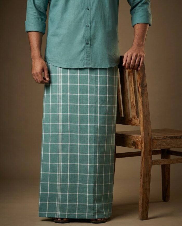 lungi 14(1) Kerala Handloom Green Lungi with White Check - Image 1
