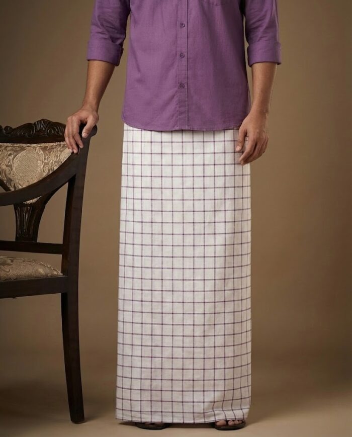 lungi 15(1) Kerala Handloom White Lungi with Purple Check - Image 1
