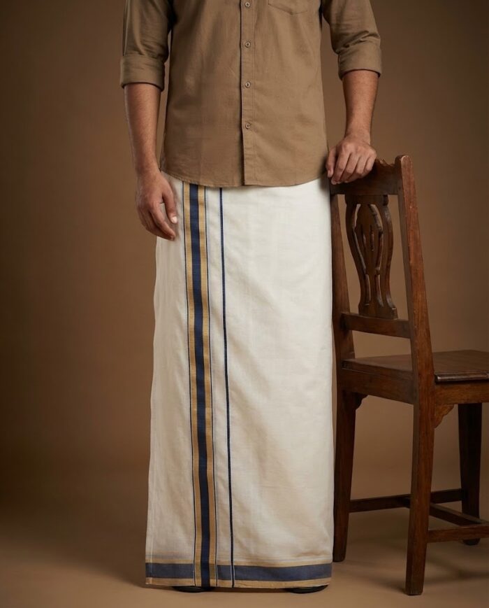 lungi 18(1) Kerala Handloom Golden Stripes Elegance Dhoti - Image 1