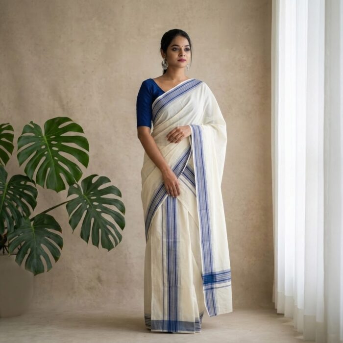 set mundu 57 Kerala Handloom Set Mundu with Blue Kasavu Borders - Image 1