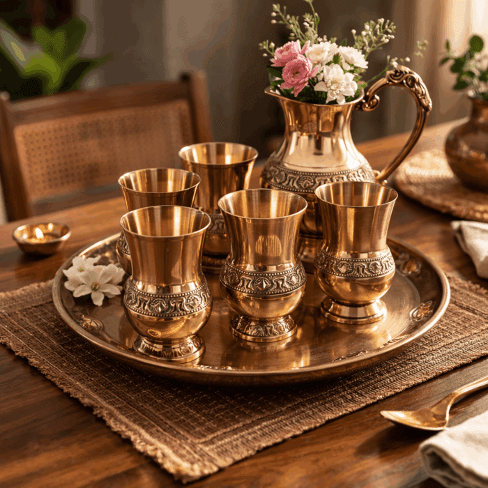 brass4(1) Brass Designer Jug Set with 6 Tumblers - Image 1