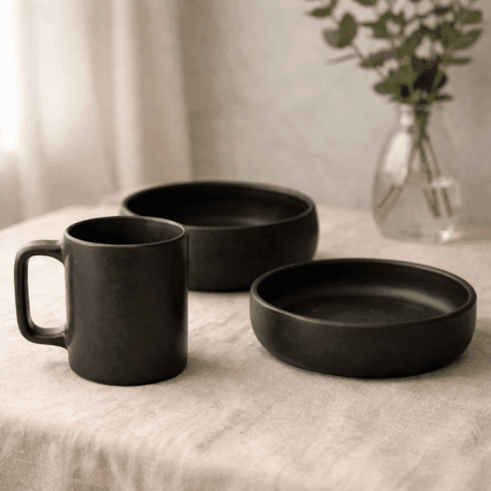 breakfast set1(1) Longpi Black Pottery Breakfast Kit – Breakfast Bowl, Coffee Mug, Plate - Image 1
