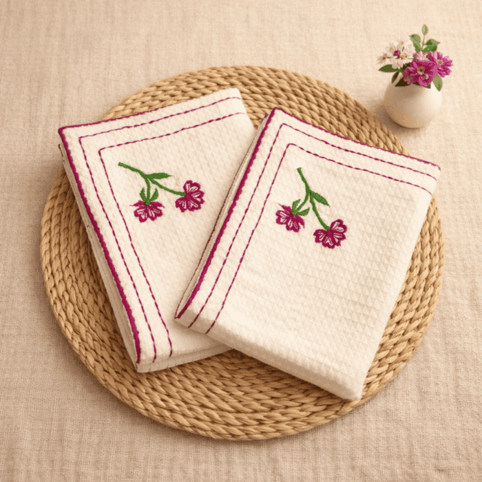 kerchief1(2) Handloom White Honey Comb Hand Kerchief (Set of 2) - Image 1