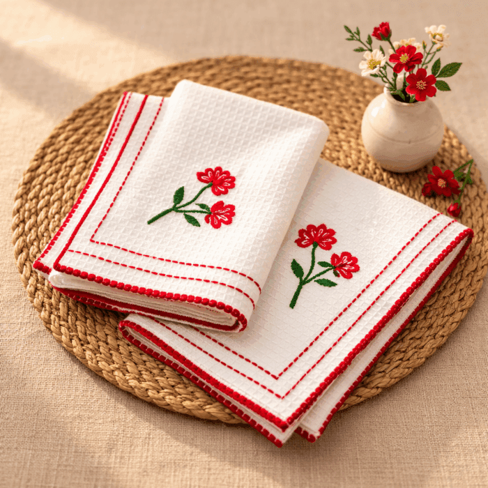 kerchief3(2) Handloom White Honey Comb Hand Kerchief (Set of 2) - Image 1