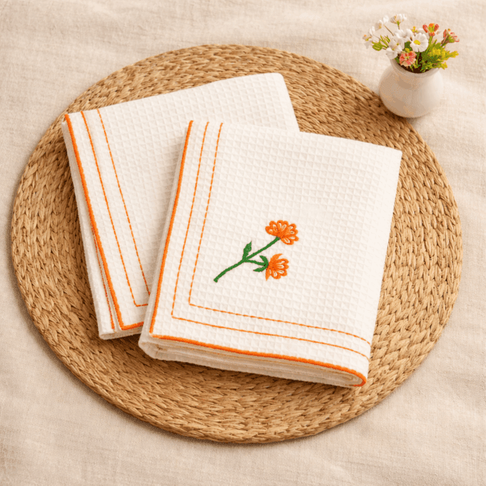 kerchief4(2) Handloom White Honey Comb Hand Kerchief (Set of 2) - Image 1
