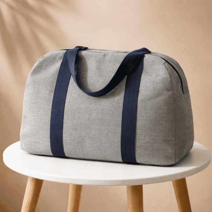 bag2(2) Grey Travel Tote Bag with Navy Blue Strap - Image 1