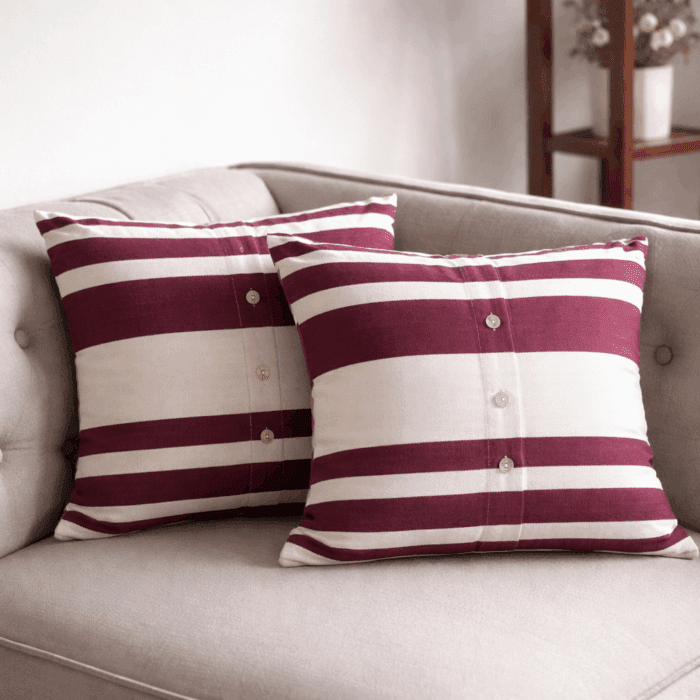 cc12(1) Premium Handloom Cotton Maroon & white Cushion Cover Set of 2(16×16 inches) - Image 1