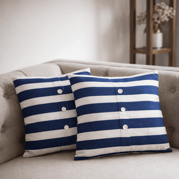 cc13(1) Premium Handloom Cotton Navy blue & white Cushion Cover Set of 2(16×16 inches) - Image 1