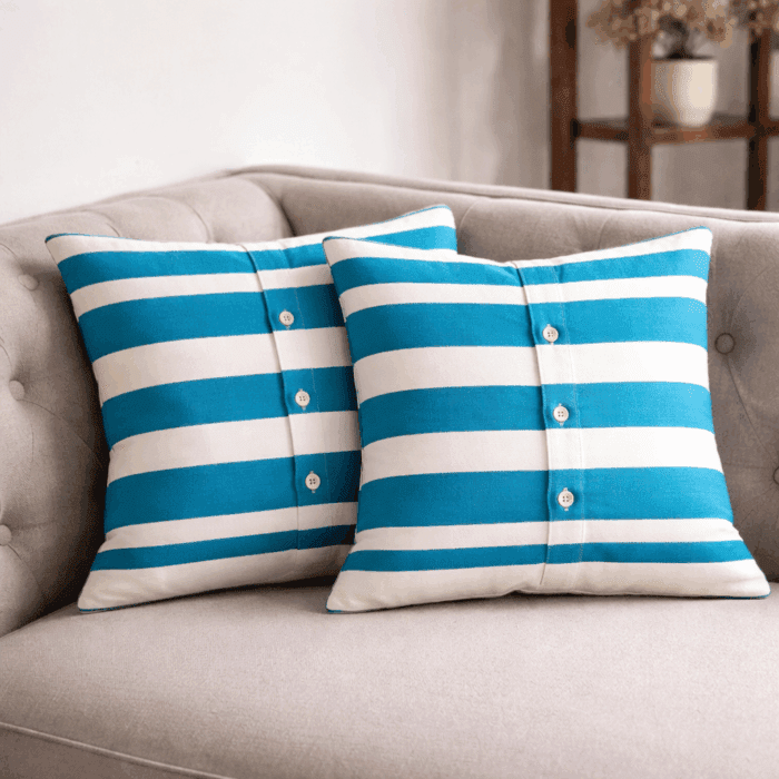 cc14(1) Premium Handloom Cotton Skyblue & white Cushion Cover Set of 2(16×16 inches) - Image 1