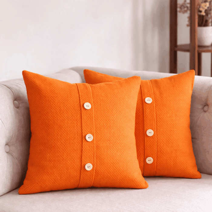 cc19(1) Premium Handloom Cotton Orange Cushion Cover Set of 2(16×16 inches) - Image 1