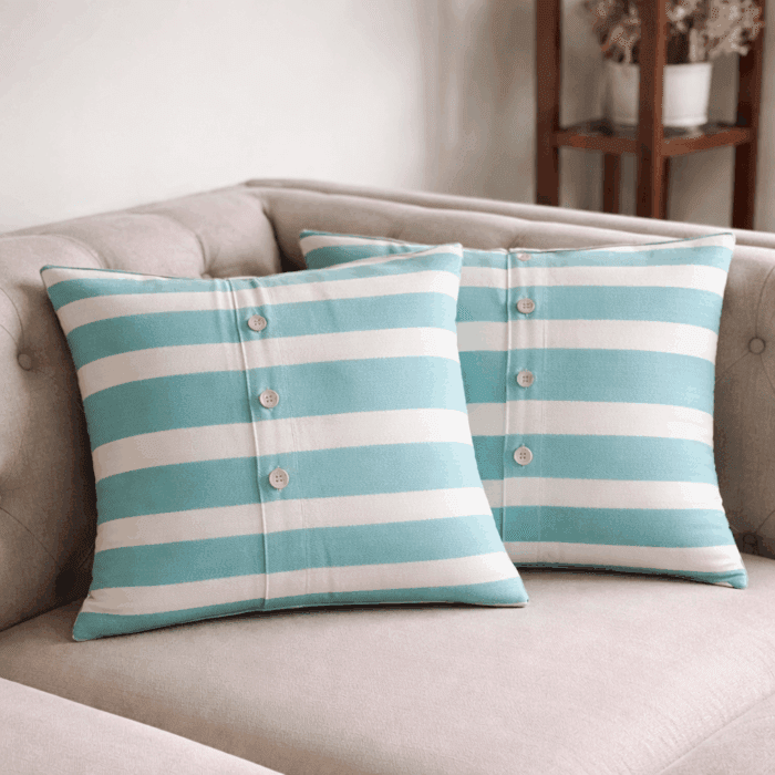 cc9(1) Premium Handloom Cotton blue & white Cushion Cover Set of 2(16×16 inches) - Image 1