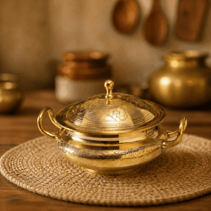 pot3(1) Brass Mughlai Embossed Casserole with Lid - Image 1