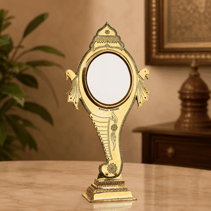 fixed stand 11(1) Authentic Shankh Peedom Model Aranmula Kannadi | Handmade Kerala Metal Mirror with Tabletop Stand 5-Inch - Image 1