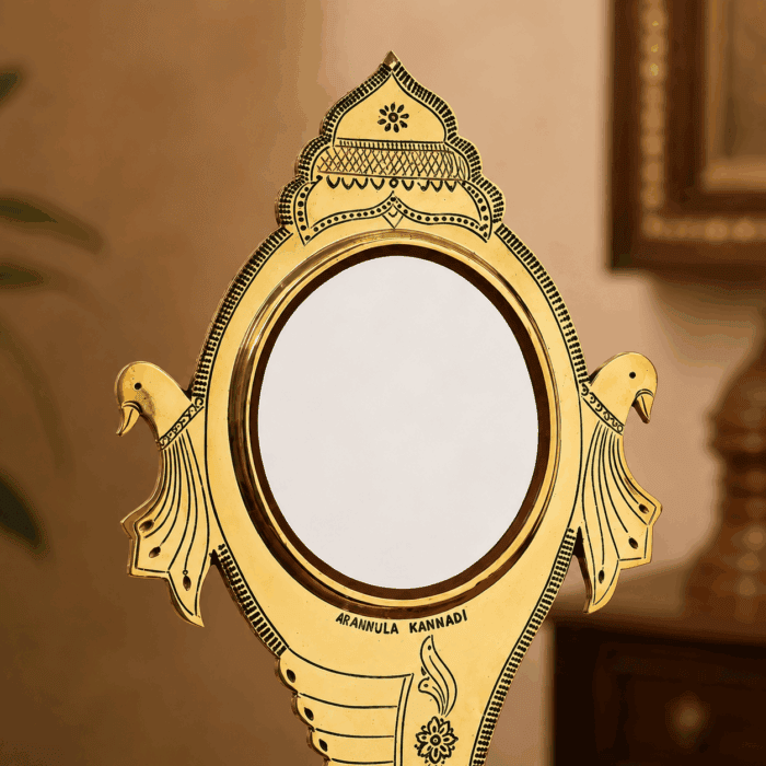 Authentic Shankh Peedom Model Aranmula Kannadi | Handmade Kerala Metal Mirror with Tabletop Stand 5-Inch - Image 3