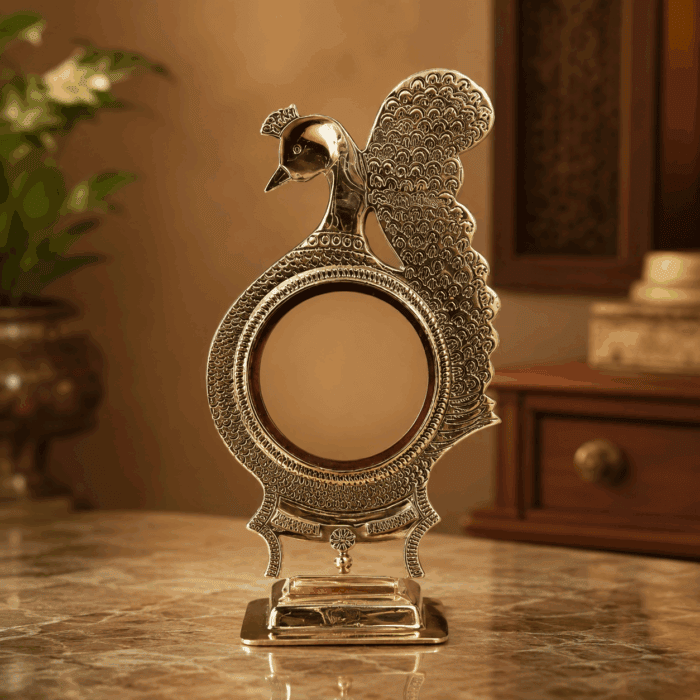fixed stand 15(1) Authentic Aranmula Kannadi – Peacock Model M2 | Handcrafted Kerala Metal Mirror 3-Inch - Image 1