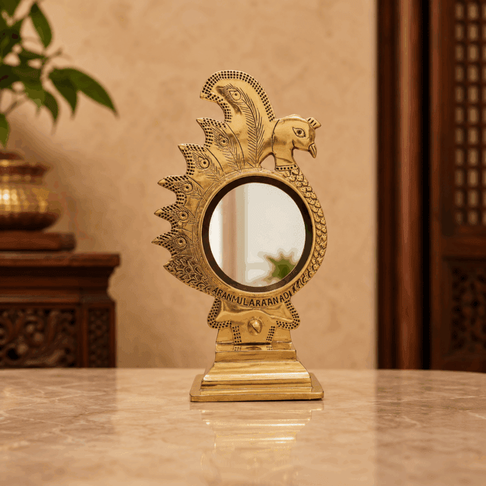 fixed stand 19(1) Aranmula Kannadi Tabletop Mount Metal Mirror – Elegant Peacock Model | Authentic Handcrafted Kerala Mirror (2.5 Inch) - Image 1