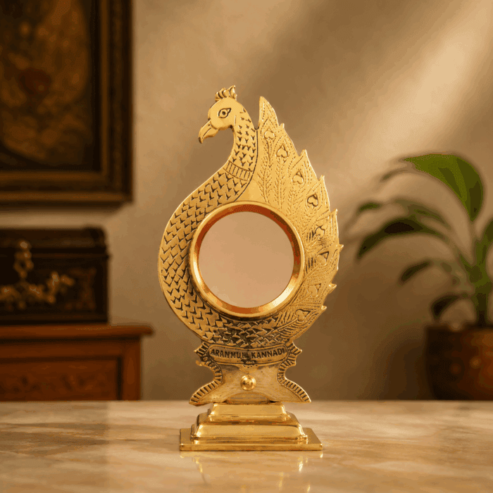 fixed stand 20(1) Authentic Aranmula Kannadi – Round Peacock Frame with Stand | Handcrafted Kerala Metal Mirror 2.5-Inch - Image 1